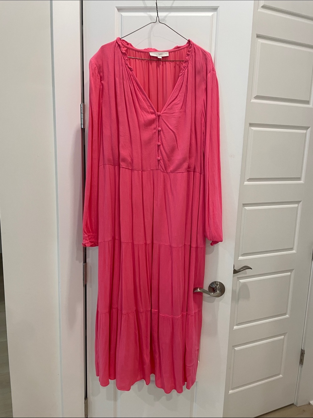 LOFT Bright Pink Long Sleeve Tiered Maxi Dress